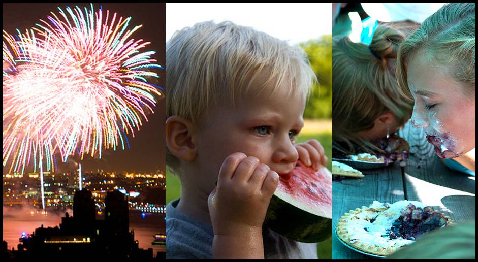 4th-of-July image with kids eating and fireworks