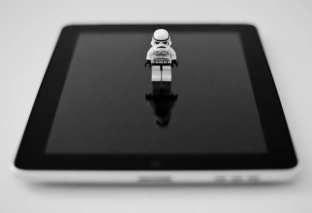 Lego stormtrooper on top on tablet