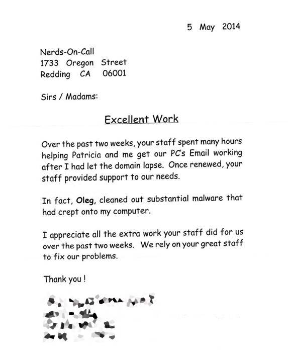 Thank you letter from the Nerds On Call customer