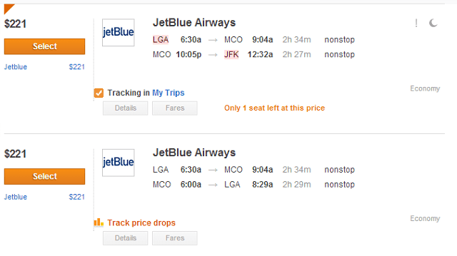 Jet blue flight selection
