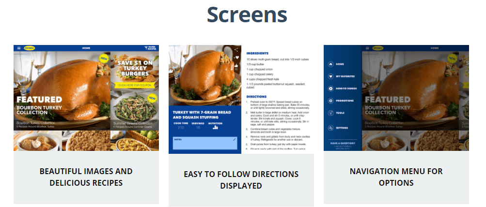Butterball's Cookbook Plus app screens