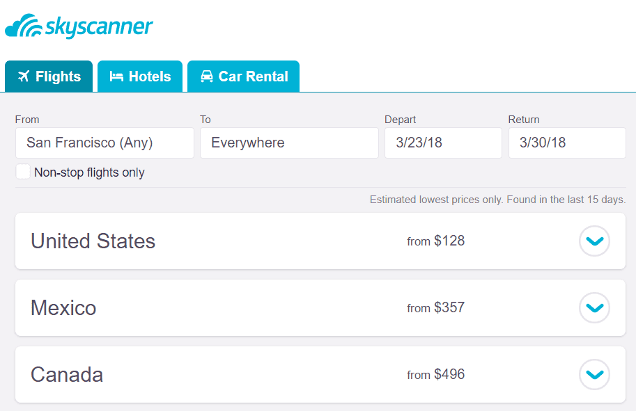 skyscanner suggestion page
