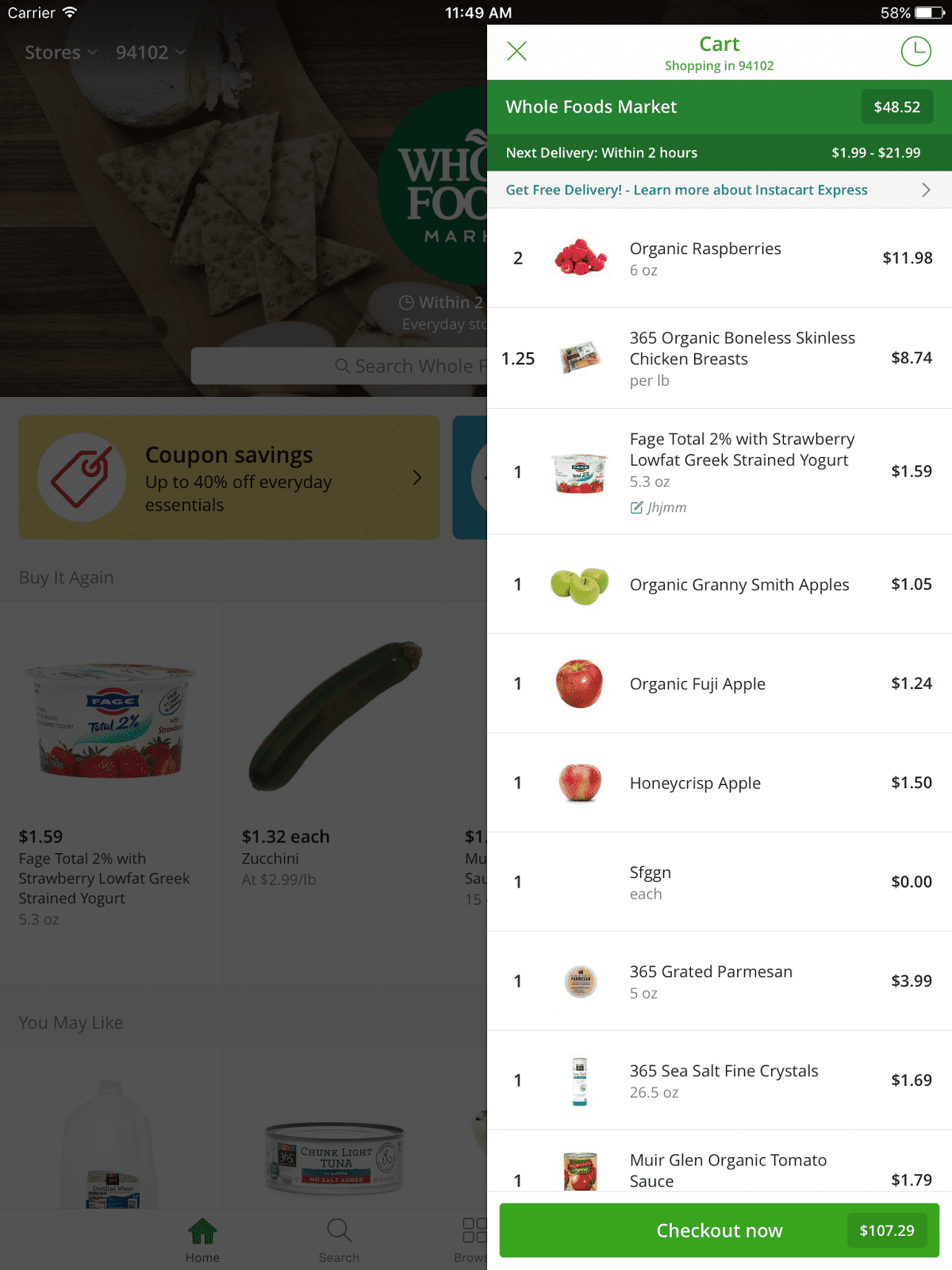 instacart cart menu on ipad