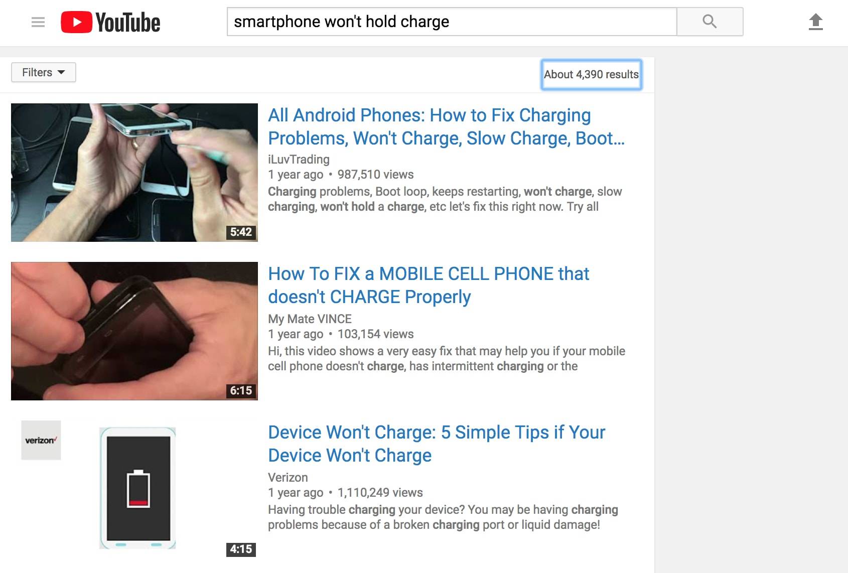 Youtube generic search results.