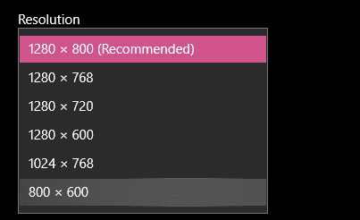screen resolution options