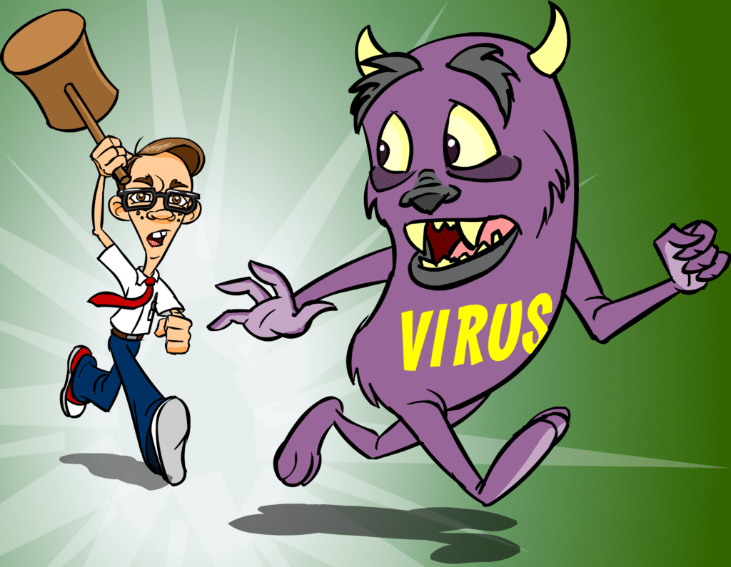 Nerd chasing a virus out of a computer.