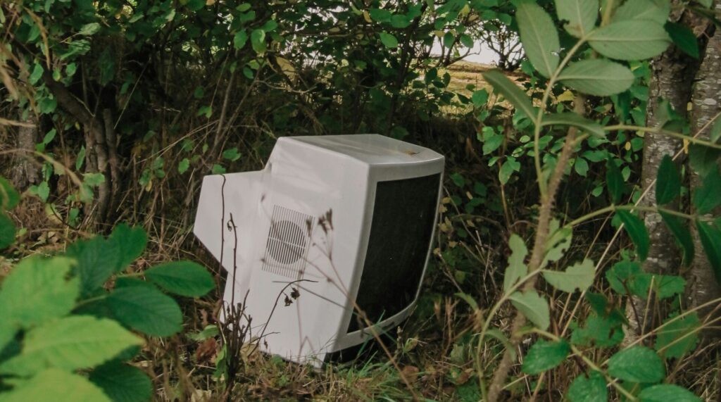 Electronic Waste: Computer monitor in woods.