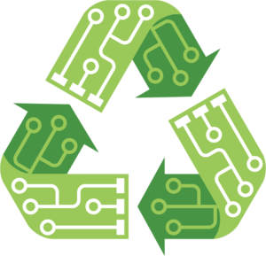 Recycling icon with computer circuitry on it