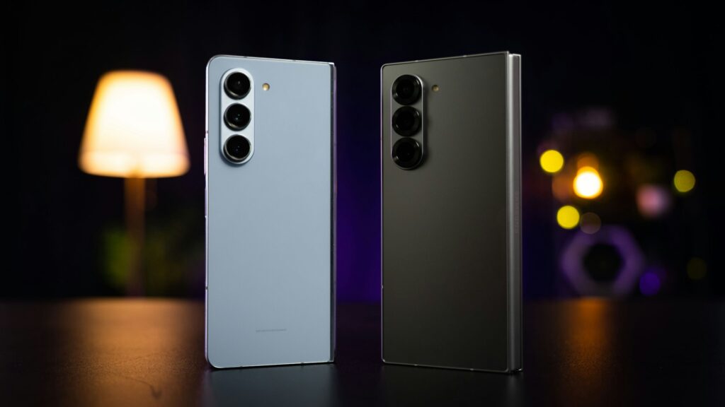 Two Samsung Galaxy phones standing up