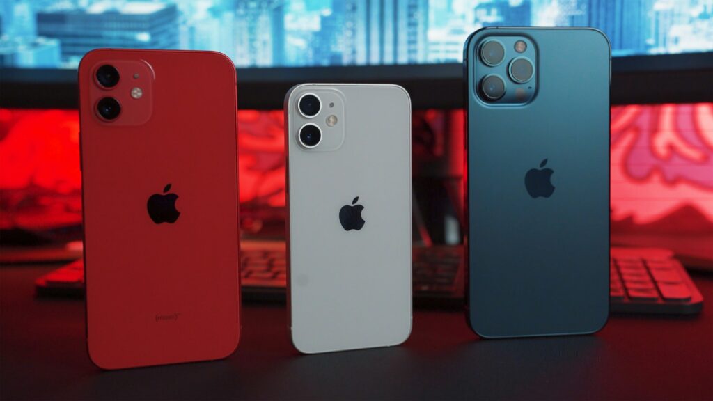 Three iPhones standing up