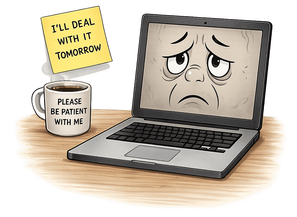 Old laptop with a coffee mug and sticky note